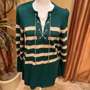 MICHAEL KORS -Sweater hunter green and metallic gold with gold metal chain, M